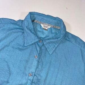 Christopher & Banks Womens Turquoise Blue Crinkle Texture Button Down Shirt Sz M